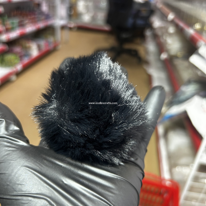 8cm Black Fur Pompom with Elastic Cord for Keyrings