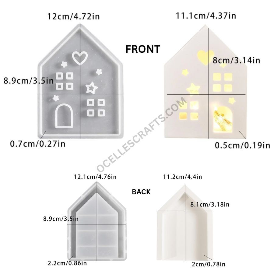 2pcs House with Hearts, Stars and Windows front and back decor Mold